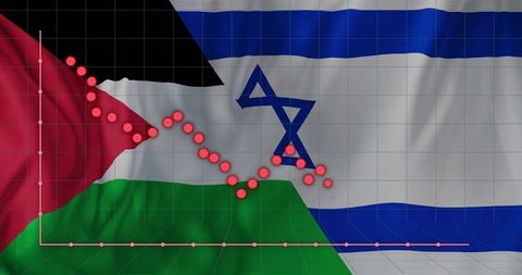Palestinian and Israeli flags with descending red data markers overlaid on fabric grid