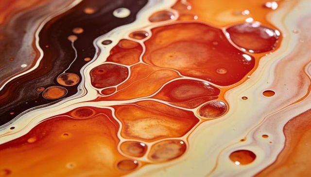 Glossy red-orange fluid acrylic marbling forming cellular paint patterns macro