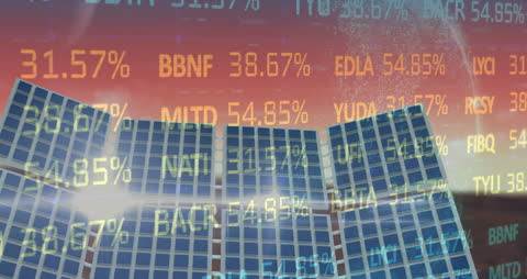 Financial Data Overlay on Solar Panels and Business People