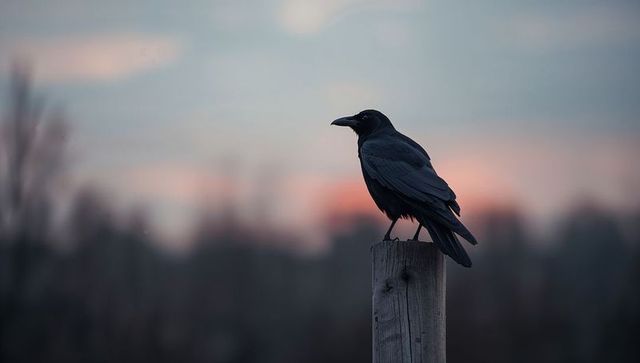Solitary Crow Perching During Tranquil Dusk in Countryside