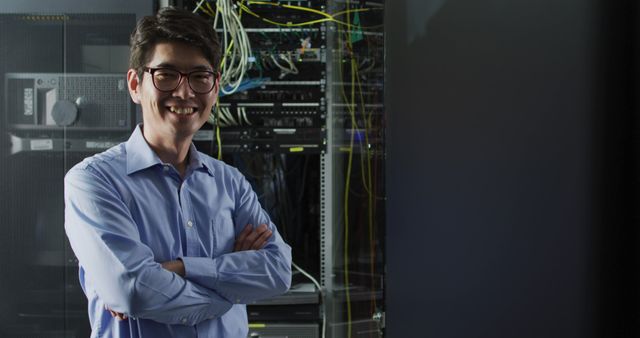 Young man standing confidently with arms crossed in server room filled with server racks and networking equipment. Perfect for illustrating professional tech environments, advertisements for IT services, network engineering courses, and business technology solutions.