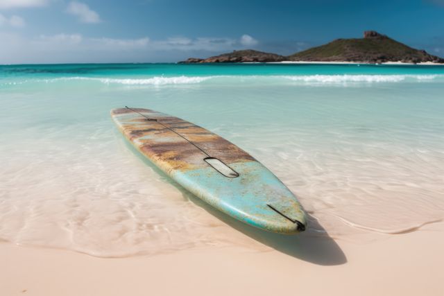 Worn surfboard lying on sunny beach, created using generative ai technology - Download Free Stock Photos Pikwizard.com
