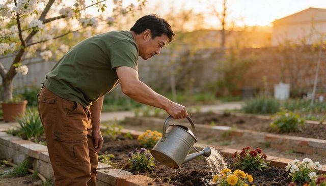 Gardener watering raised flower beds at golden hour backyard gardening plant care