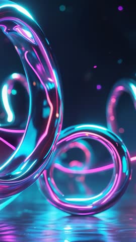 Rotating neon torus rings glowing in dark sci-fi void, vertical futuristic abstract loop