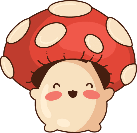 Playful cartoon mushroom character with red spotted cap transparent background