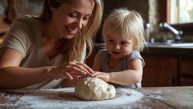 Mother and Daughter Making Dough Together in Cozy Farmhouse Kitchen