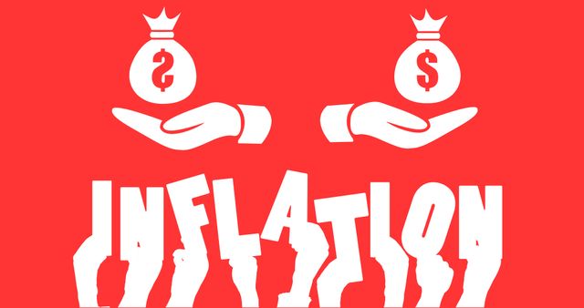 Two business hands holding money bags against red background, depicting economic inflation concept. This visual can be used for financial articles, news features on economic trends, or educational materials about economics.