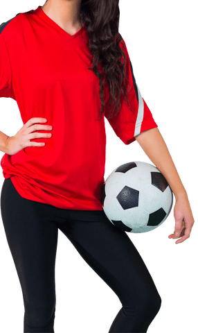 Woman Posing with Soccer Ball in Red Jersey on Transparent Background