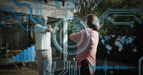 Senior couple exercising with augmented reality hud for remote health monitoring and rehab