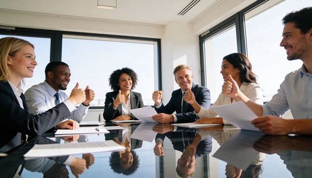 Giving thumbs-up corporate team celebrating project success in sunlit modern boardroom