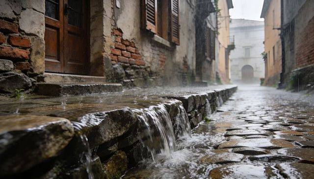 Historic cobblestone alley pouring rainwater over stone curb with shuttered wooden doors