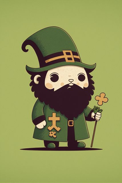 This illustration shows a cute cartoon leprechaun character with a beard, wearing traditional green attire and holding a shamrock. Ideal for St. Patrick's Day themed materials, holiday cards, posters, and festive decorations.