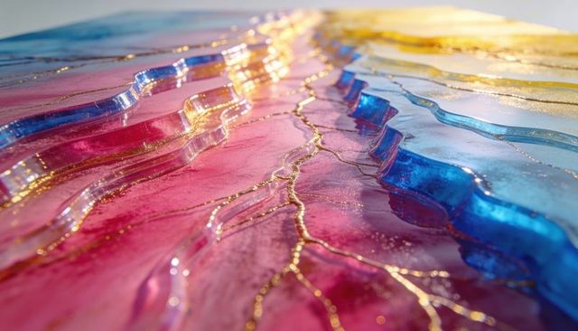 Shimmering epoxy resin layers creating abstract color flow with gold veins and glitter
