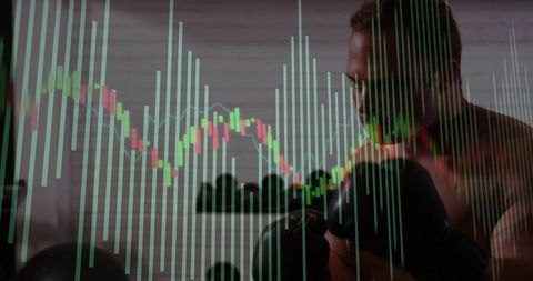 Shirtless boxer training with stock market chart overlay, fitness and finance concept moody