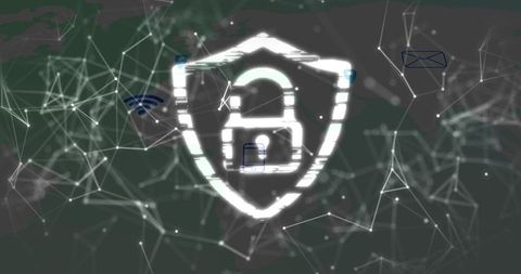 Glitch Holographic Cybersecurity Shield Protecting Padlock, Network Nodes and Wi-Fi