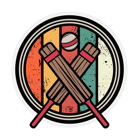 Cricket badge design with crossed bats and colorful stripes on transparent background