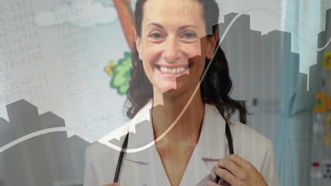 Smiling Female Doctor with Data Graphic Overlay in Hospital