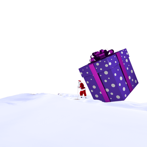 Santa pulling giant gift over snow on transparent background