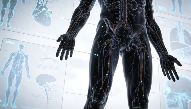 Translucent human anatomy model revealing vascular and neural networks in virtual lab