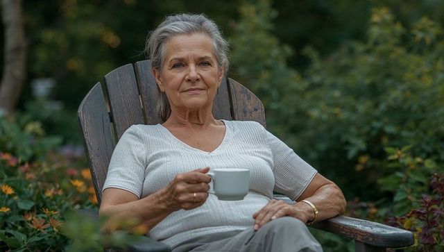 Senior woman relaxing in garden chair holding coffee mug peaceful outdoor portrait