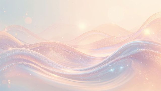 Pastel iridescent waves creating dreamy luminous horizon with glitter bokeh