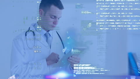 Doctor Using Tablet with Digital Interface in Medical Office
