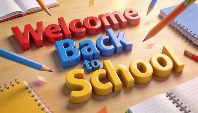 Bright glossy 3d welcome back to school letters on wooden desk with pencils and notebooks