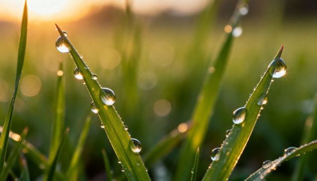 Sunlit dew drops on grass blades — macro morning meadow bokeh, fresh green closeup