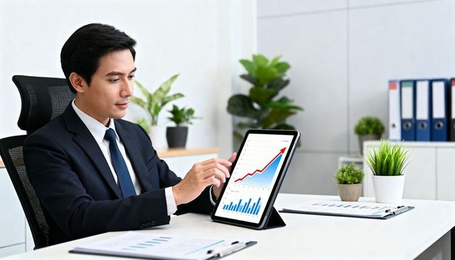 Executive analyzing rising sales and financial analytics on tablet at modern office desk