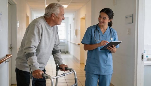 Nurse assisting elderly man walking with wheeled walker while using tablet in hospital corridor