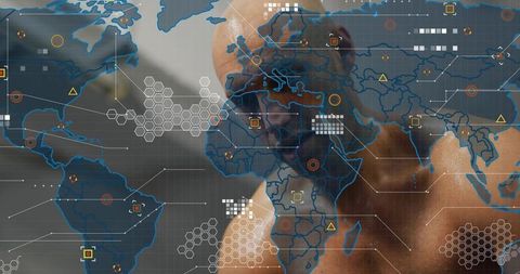 Bald male wearing dark eyewear blending with futuristic world map overlays and dataviz