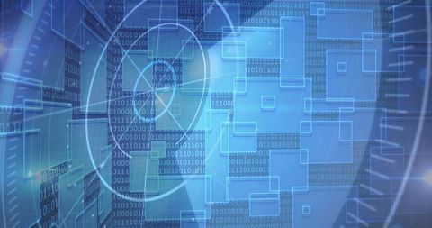 Circling hud reticle visualizing layered data nodes and binary code on blue tech interface
