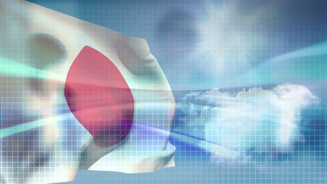 Japanese flag artistically incorporating digital wave effects, suggesting balance of tradition and technology. Perfect for presentations or projects highlighting Japanese innovation, globalization themes, or abstract modern tech backdrops.