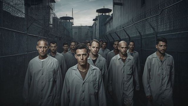 Inmates Marching in Prison Yard with Guard Towers