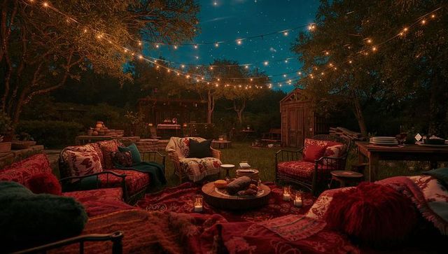 Cozy Backyard Lounge with Sofas and Fairy Lights