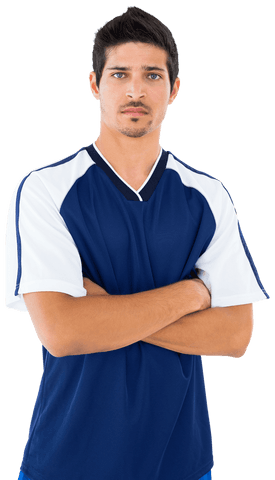 Serious Football Player in Blue White Jersey with Transparent Background