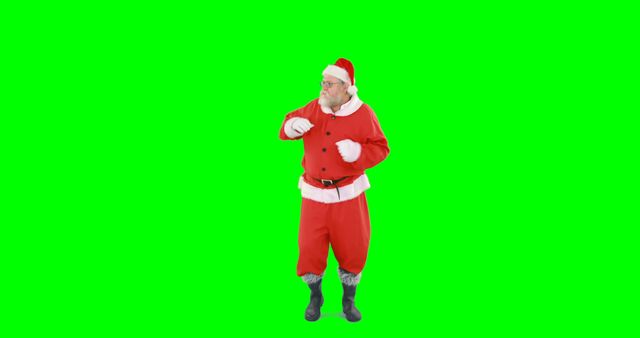 Santa Claus dressed in red suit dancing joyfully on a green screen background. Perfect for holiday and festive themed projects such as advertisements, greeting cards, social media content, and event promotions. The green screen makes it easy to remove the background and use the character in various settings and creative projects.
