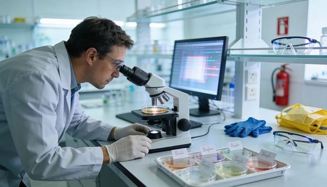 Scientist Examining Petri Dish Under Microscope in Modern Laboratory
