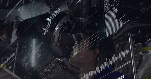 Female Technician Studying Holographic Data Interface Wearing Headset in Futuristic Lab
