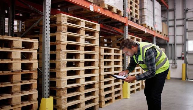 Warehouse inspector using tablet to audit inventory beside stacked wooden pallets