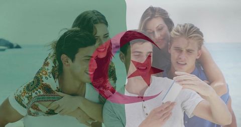 Group taking selfie on beach with algeria flag overlay for travel culture and youth lifestyle