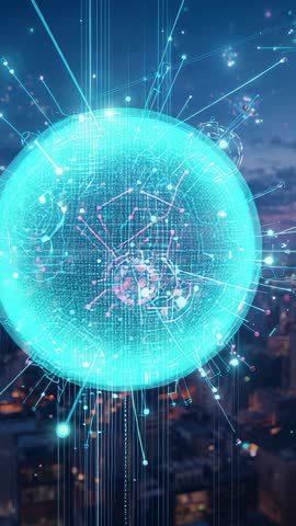 Initializing digital sphere with streaming data and pink node network over urban skyline