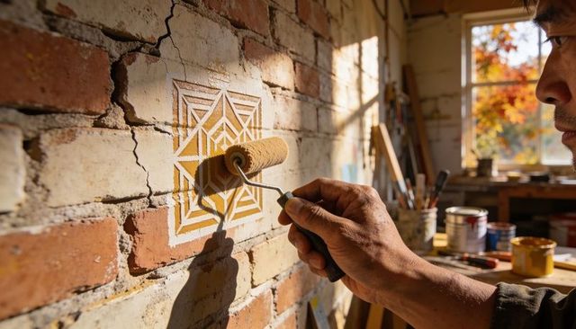 Hands painting geometric stencil on exposed brick wall with foam roller in rustic workshop