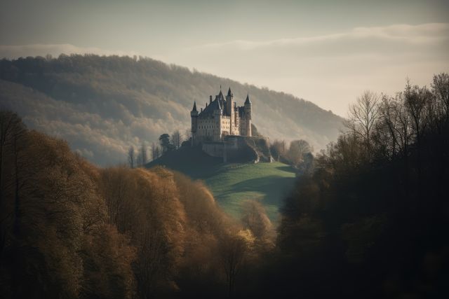 Majestic medieval castle situated on a hilltop, beautifully surrounded by an autumn forest under soft sunrise light. Ideal for use in travel promotions, history and culture articles, architectural designs, fantasy settings and nature photography collections.