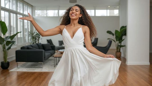 Smiling woman twirling in flowing white v-neck dress in sunlit modern living room