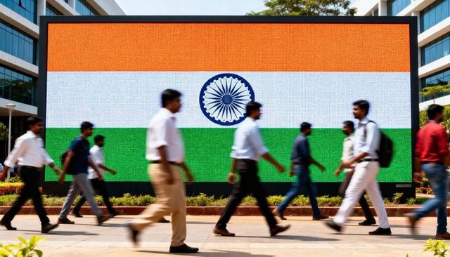 Office workers walking past giant indian flag led display at modern tech campus plaza