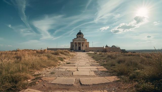 Sunlit neoclassical hilltop basilica with sweeping stone pathway leading to domed portico