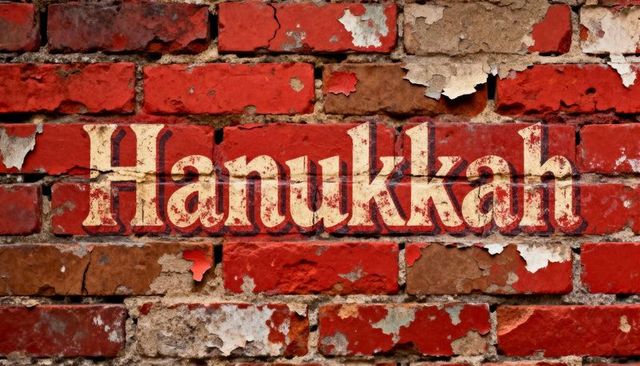 Hanukkah brick mural weathering with vintage typography and peeling red paint