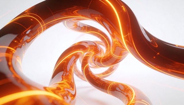 Twisting amber-orange tubular vortex with glowing neon filaments and reflective surfaces