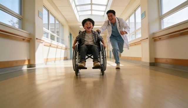 Smiling physician pushing laughing child in wheelchair racing down sunlit hospital corridor